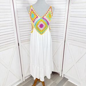 Raviya Crochet Bodice Top Tiered Boho Midi Dress Cover Up White Multi‎ Medium